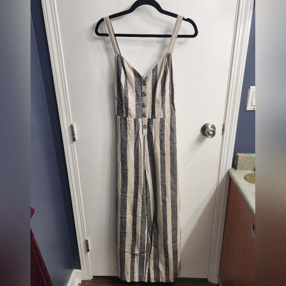 100% Cotton Striped Jumpsuit with Tie on Back